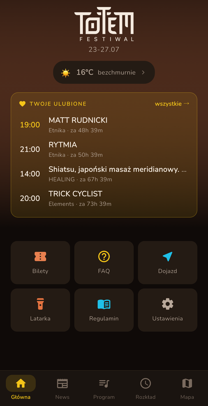 Ekran główny aplikacji Totem Festiwal — logo, pogoda, ulubione występy z odliczaniem i skróty do biletów, FAQ i dojazdu