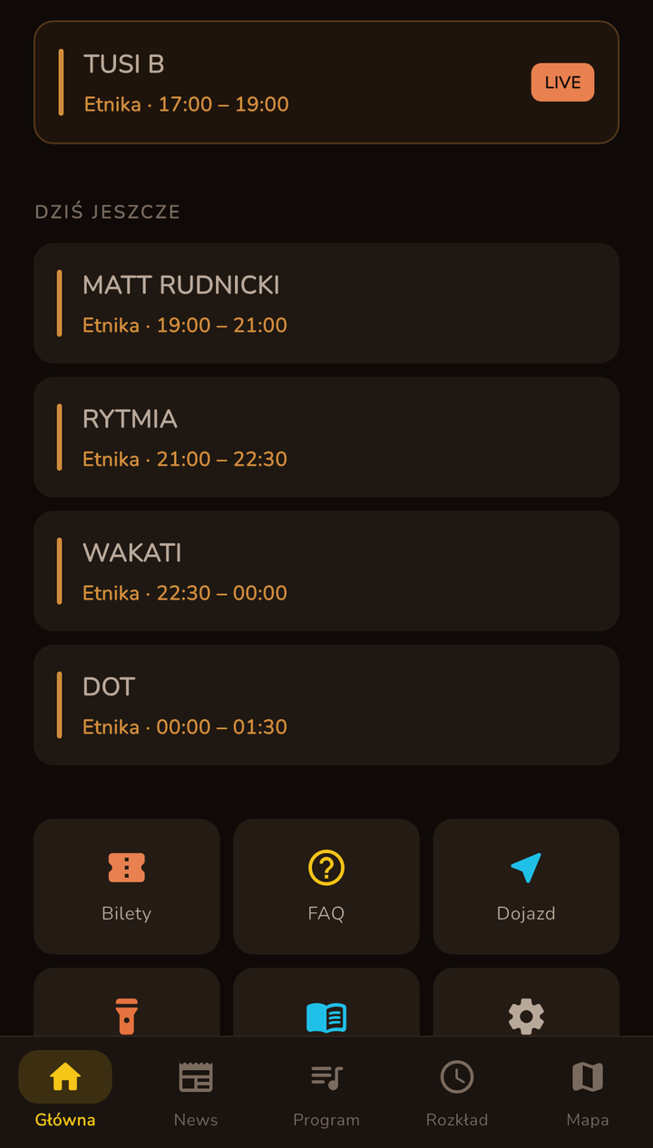 Ekran Teraz grają — występ na żywo z etykietą LIVE i lista kolejnych występów danego dnia