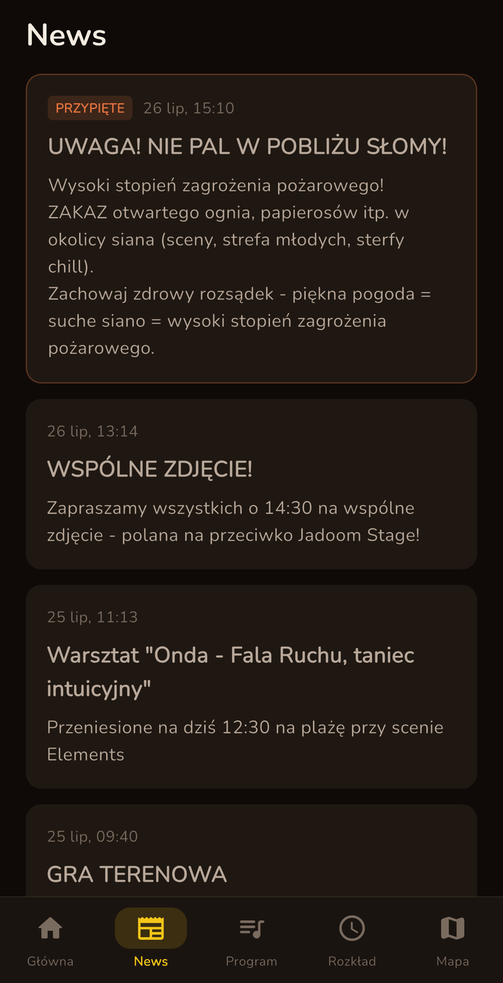 Ekran News z przypiętym komunikatem o zagrożeniu pożarowym i informacją o przeniesionym warsztacie