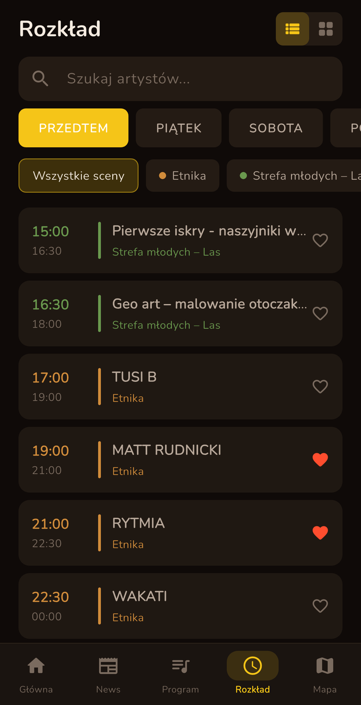 Rozkład w widoku listy z filtrami dni i scen oraz sercami do zapisywania ulubionych występów